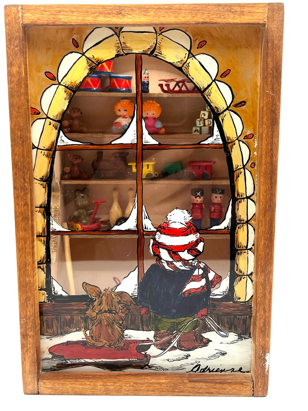 Holiday Signed Shadow Box Vignette Child & Dog Looking in Toy Store Window-RARE